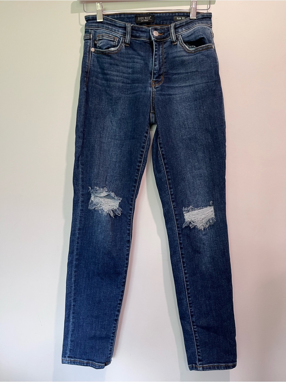 Judy Blue Dark Blue Distressed Mid Rise Slim Fit Blue Jeans